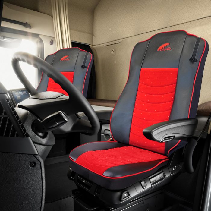 SET HUSE SCAUN TRUCK UMBRELLA PENTRU MERCEDES MP5 MP6 EURO 6 PIELE ECOLOGICA NEAGRA + VELVET ROSU